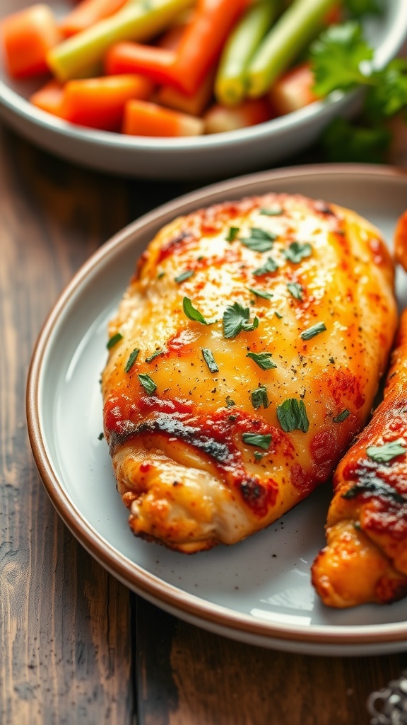 Air fryer chicken breast, golden crisp with herbs, served with colorful vegetables on a rustic table.